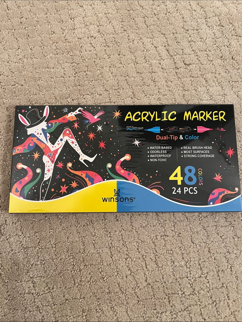 Winsons Acrylic Marker Set — Black Box, Multicolor Dual-Tip (24 pcs) 48 Colors